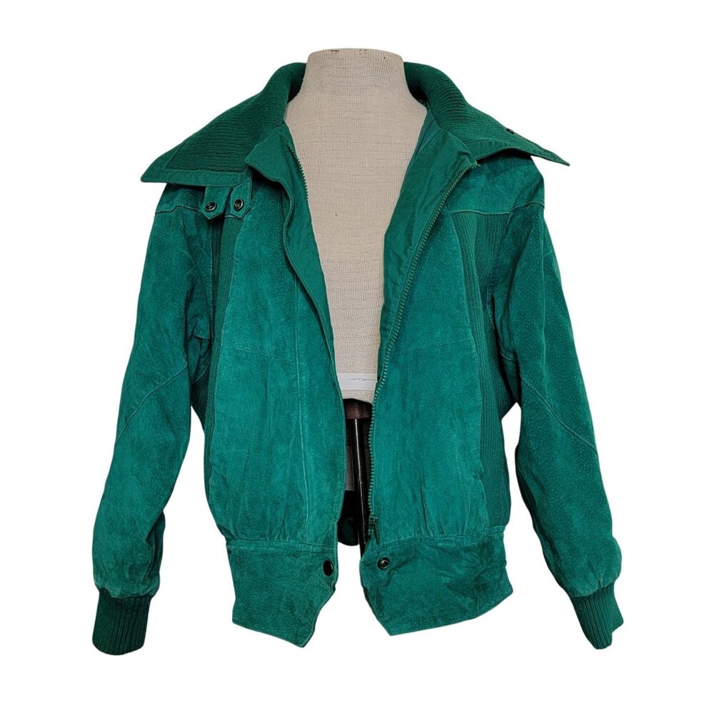 Vintage 90s Braeton Suede Bomber Jacket Emerald Green Ribbed Collar & Hem M/L